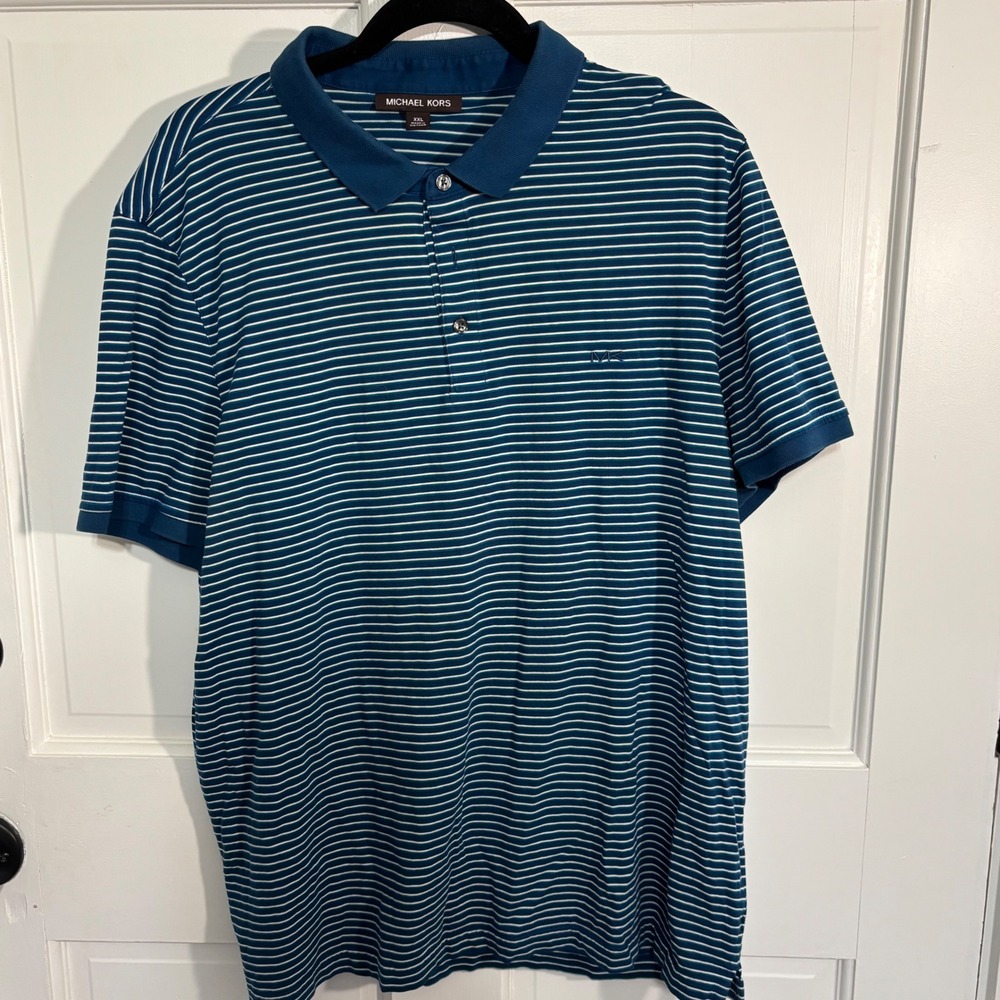 Michael Kors Mens XXL Blue White Striped Short Sleeve Cotton Polo Shirt MK‎ Logo